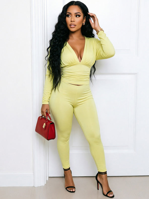 Solid V-Neck Top & Pants Set