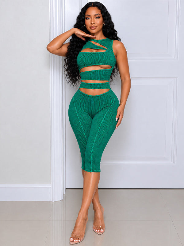 Wash Cutout Sleeveless Capri Jumpsuit