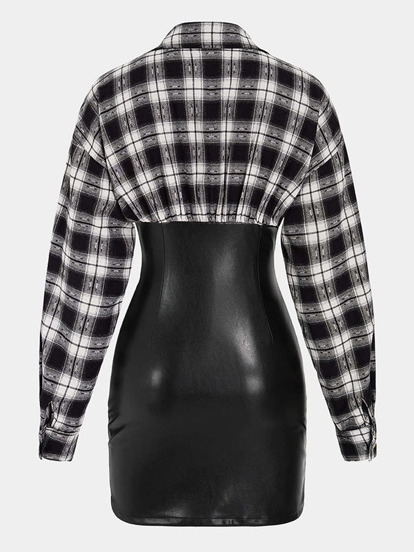 V-Neck Plaid-Combo Faux-Leather Mini Dress