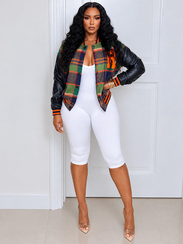 Faux-Leather Combo Plaid Bomber Jacket