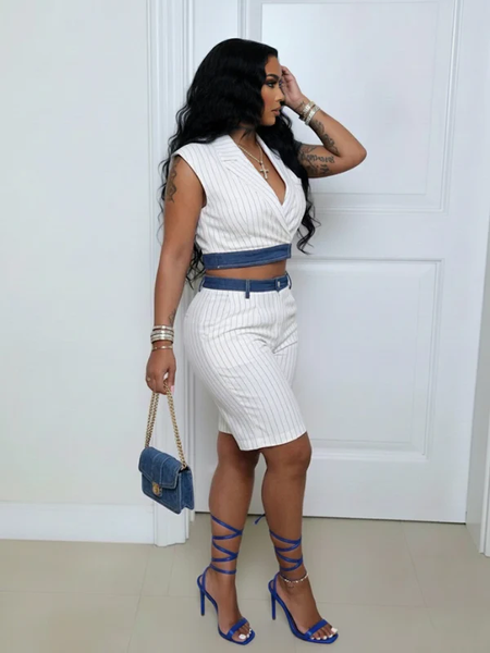 Denim Combo Stripe Vest & Shorts Set