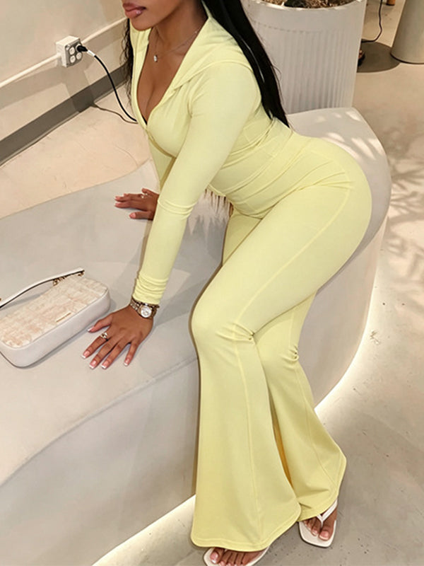 Solid Hooded Zip-Up Top & Pants Set