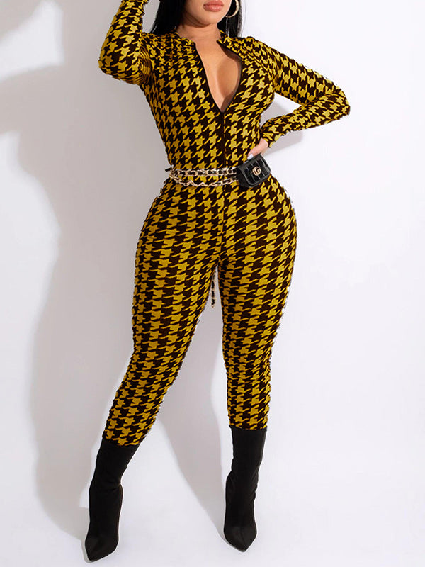 Houndstooth-Print Zip-Up Jumpsuit