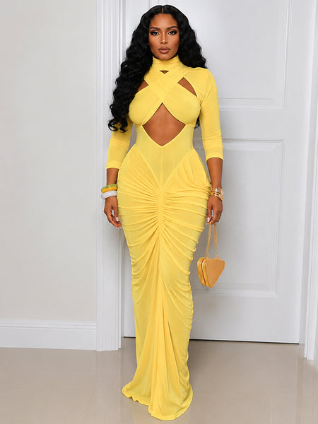 Solid Cutout Ruched Maxi Dress