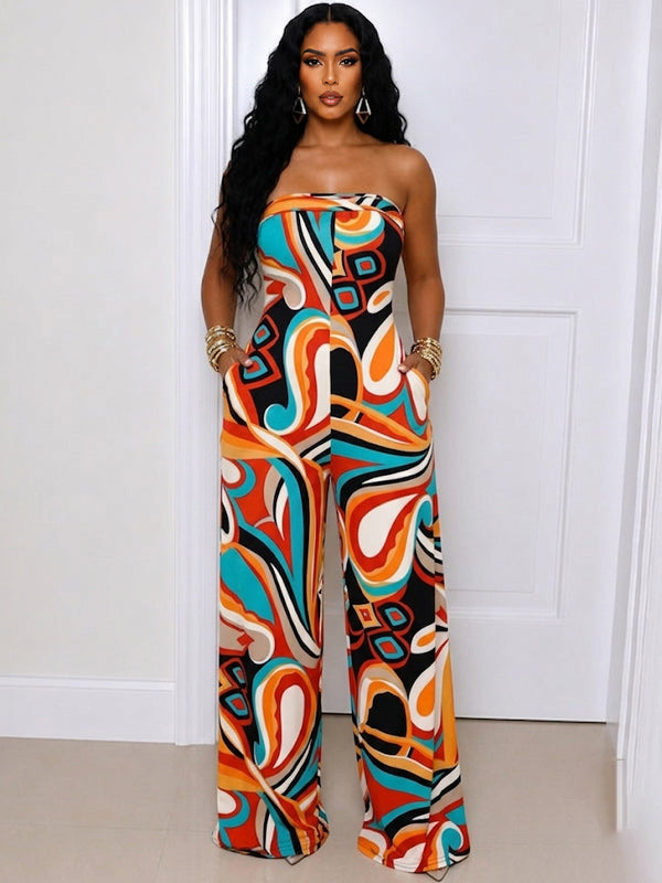 Printed Strapless Tied-Back Jumpsuit