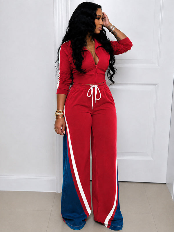 Zip-Front Top & Side-Stripe Pants Set