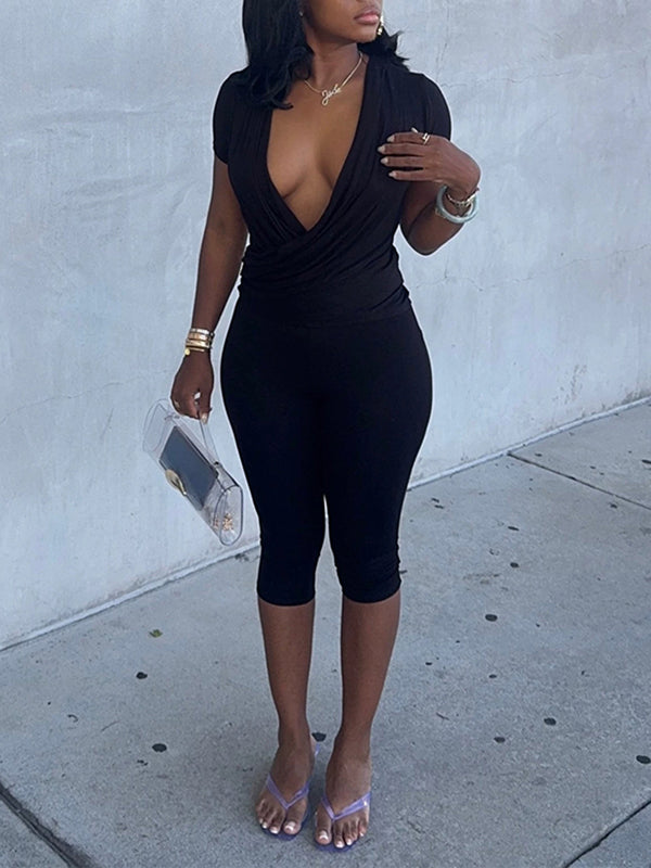 V‑Neck Cross Top & Capri Pants Set