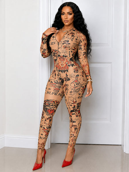 Printed Zip-Front Skinny Jumpsuit