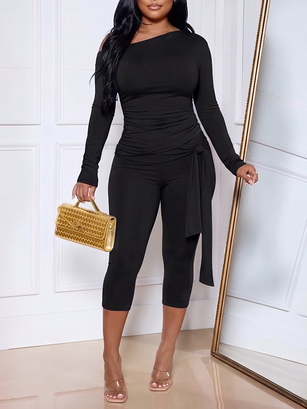 Solid Ruched Top & Tie Capri Pants Set