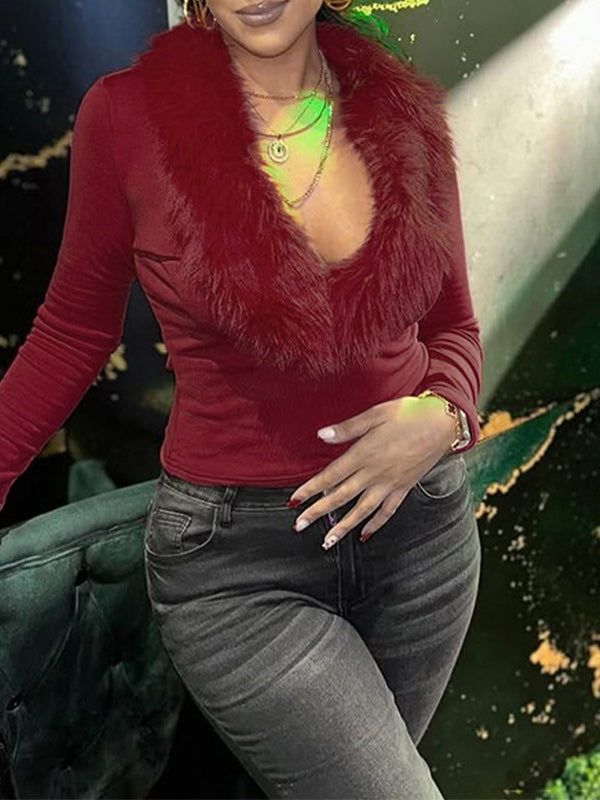Solid Faux Fur Collar Top