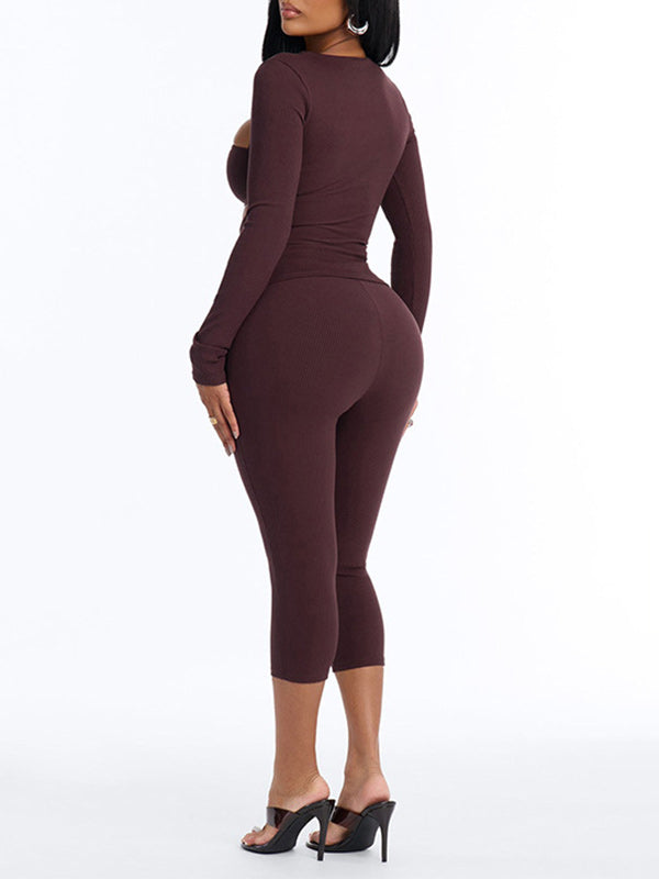 Solid Cutout Top & Capri Pant Set