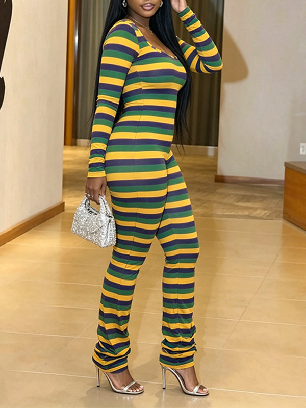 Striped Square Neck Flare Jumpsuit