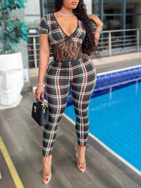Plaid Lace-Combo V-Neck Jumpsuit