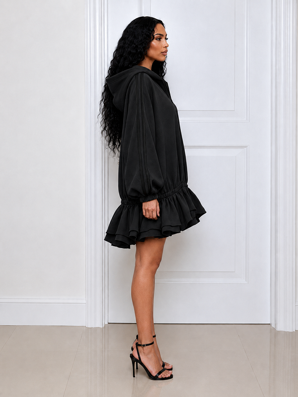 Solid Hoodie Ruffle Dress