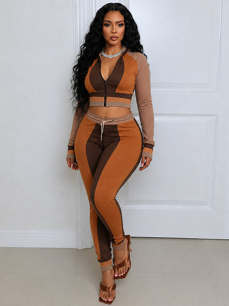 Colorblock Top & Drawstring Pants Set