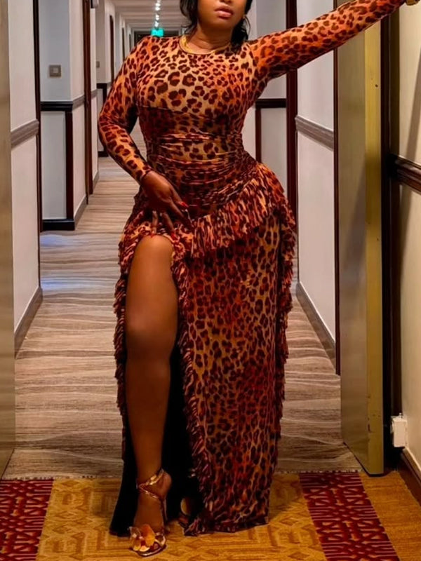 Leopard Ruched Slit Maxi Dress