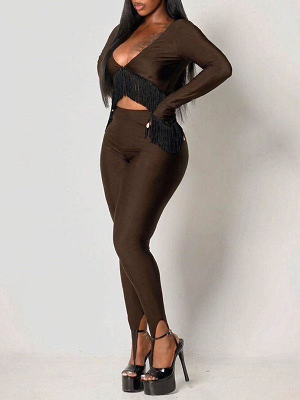 V-Neck Fringe Top & Pant Set