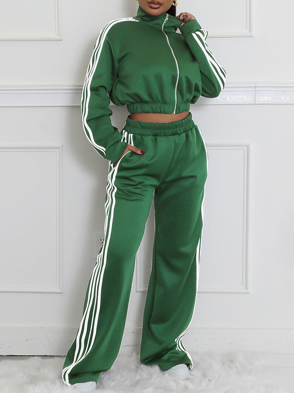 Striped Crop Sweatshirt & Wide Leg Pants Set