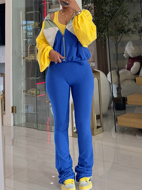 Color‑Block Zip‑Up Jacket & Skinny Pants Set