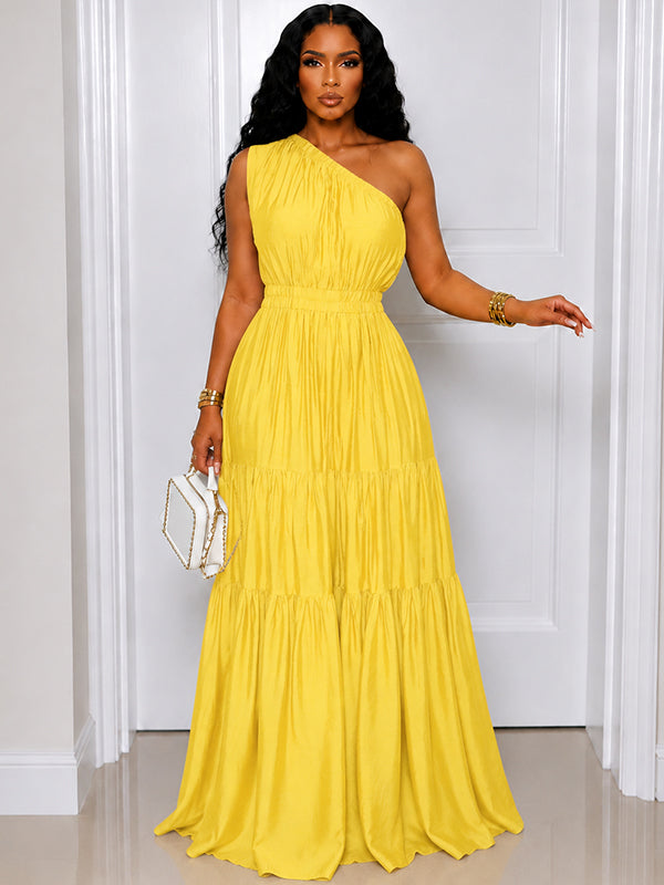 Solid One-Shoulder Ruffle Dress