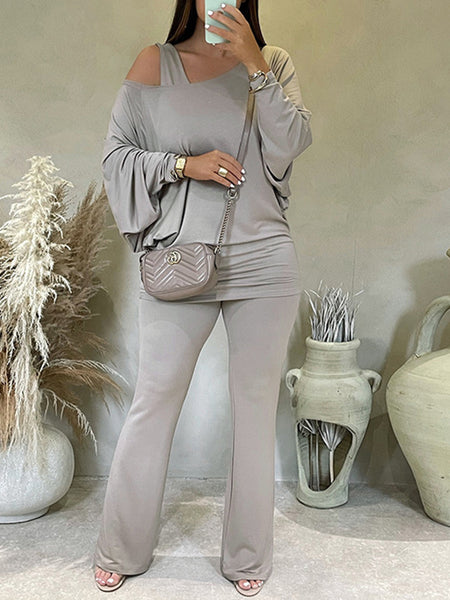 Solid Boat-Neck Top & Pants Set