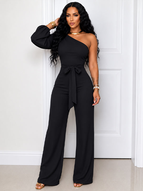 Solid Boat-Neck Tied Jumpsuit