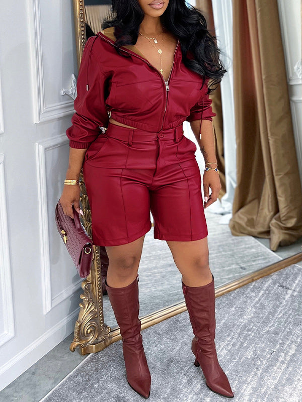 Faux-Leather Hooded Top & Capri Pants Set