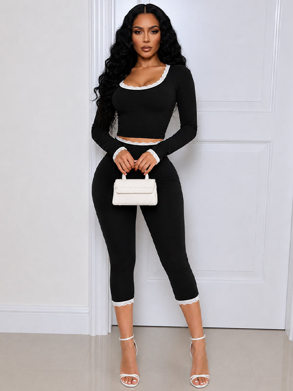 Lace-Combo Top & Capri Pants Set