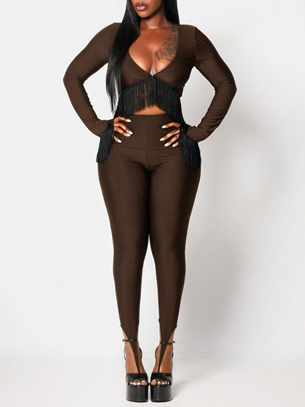 V-Neck Fringe Top & Pant Set