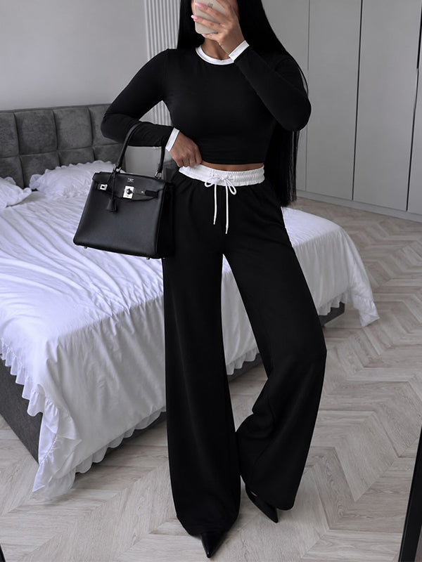 Color-Block Cropped Top & Drawstring Pants Set