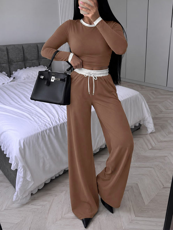 Color-Block Cropped Top & Drawstring Pants Set