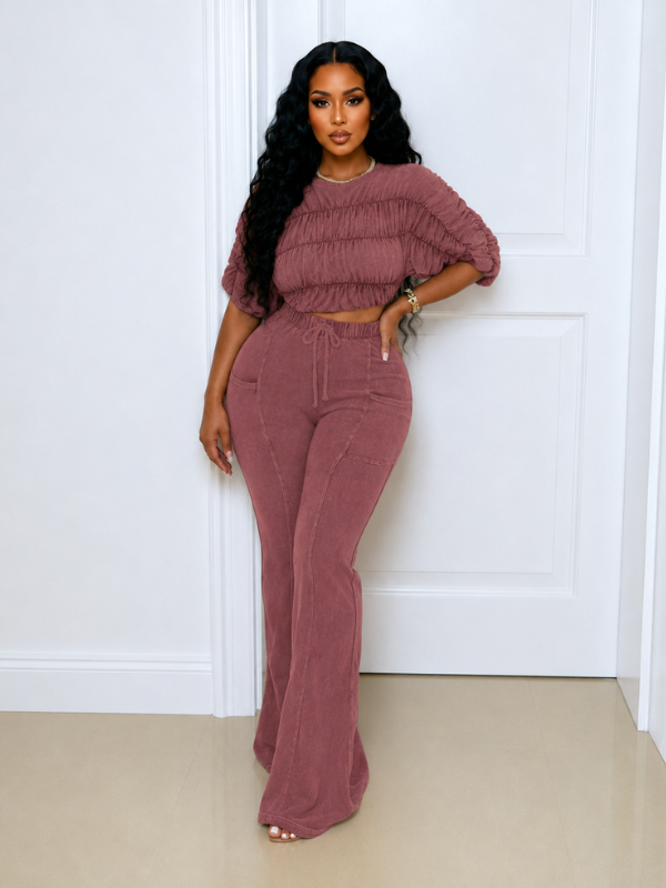 Boat-Neck Ruched Top & Pants Set