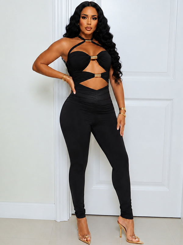 Solid Cutout Halter Jumpsuit