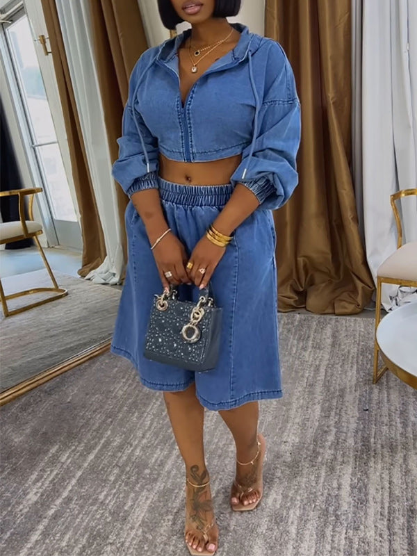 Denim Hooded Jacket & Shorts Set