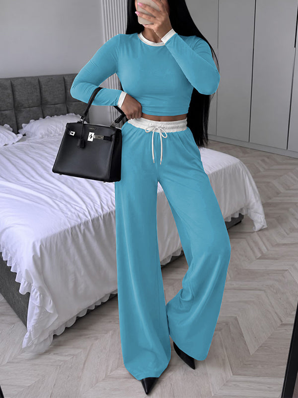 Color-Block Cropped Top & Drawstring Pants Set