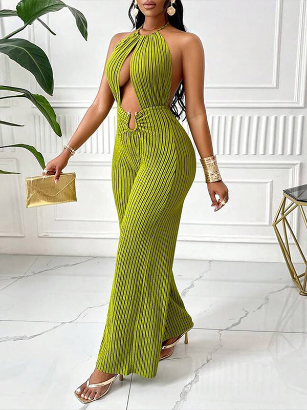 Stripe Cutout Halter Jumpsuit