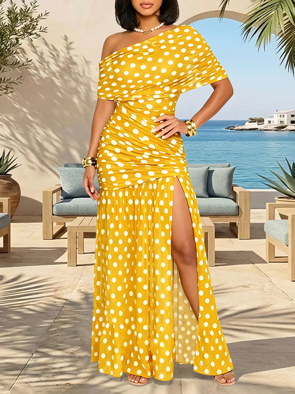 Printed Boat-Neck Slit Dress