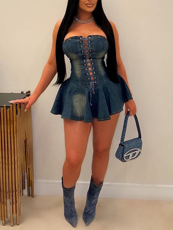 Lace-Up Strapless Denim Dress