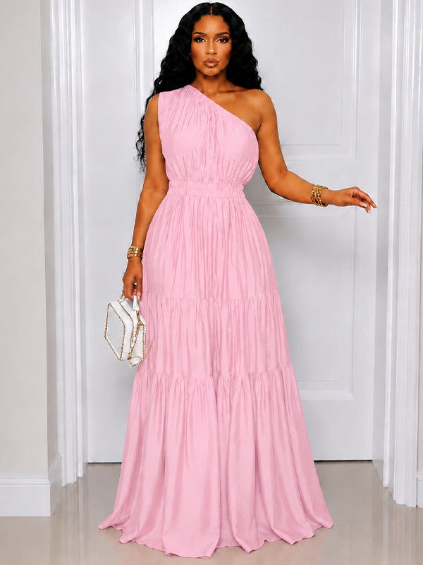 Solid One-Shoulder Ruffle Dress