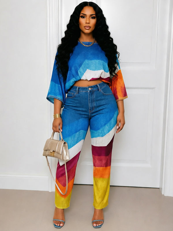 Printed Boat-Neck Top & Pants Set