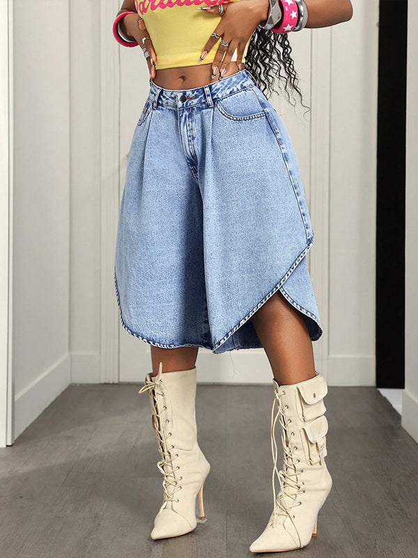 High-Waist Asymmetric Denim Shorts