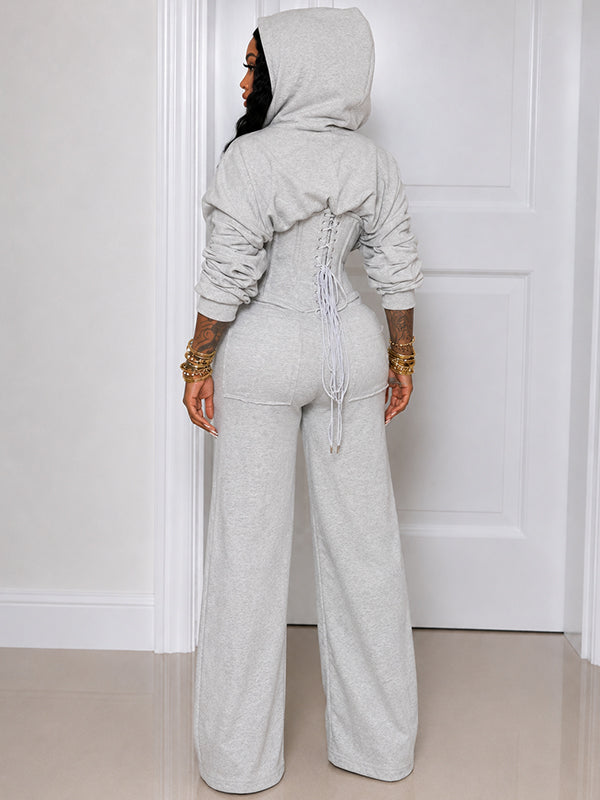 Solid Lace-Up Hoodie & Pants Set