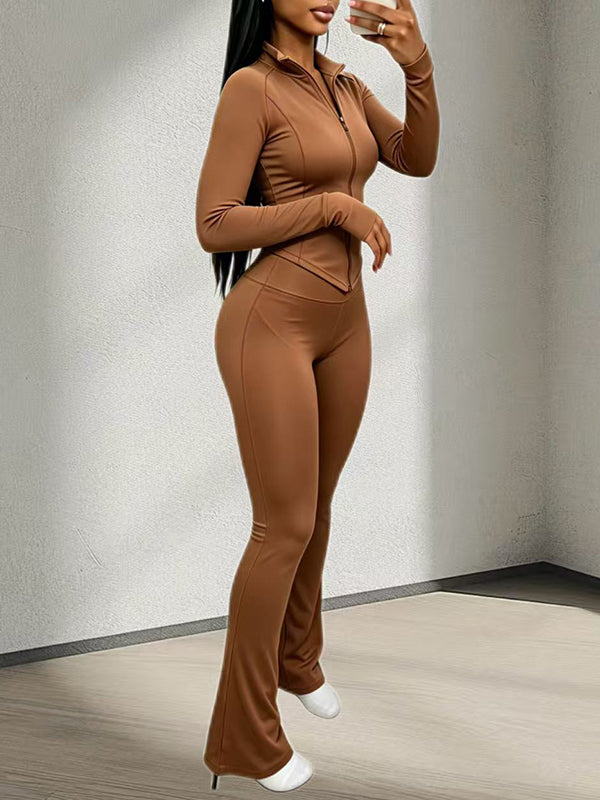 Solid Zip-Front Top& Flared Pants Set