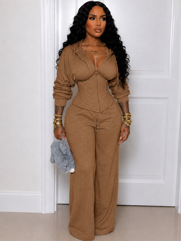 Solid Lace-Up Hoodie & Pants Set
