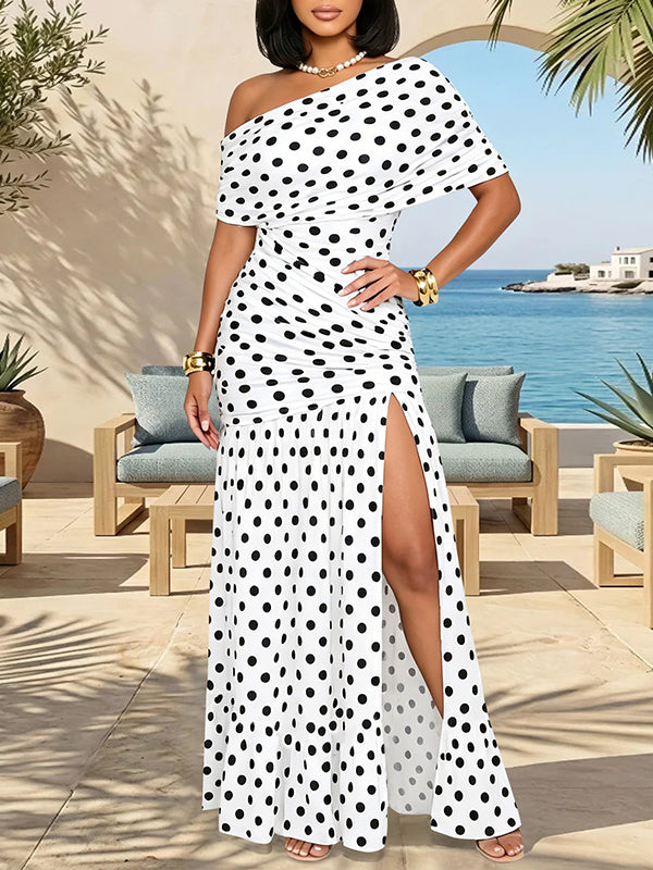 Printed Boat-Neck Slit Dress