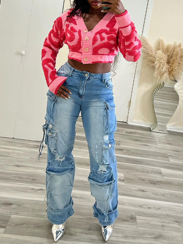 Knit Color Block Cropped Cardigan