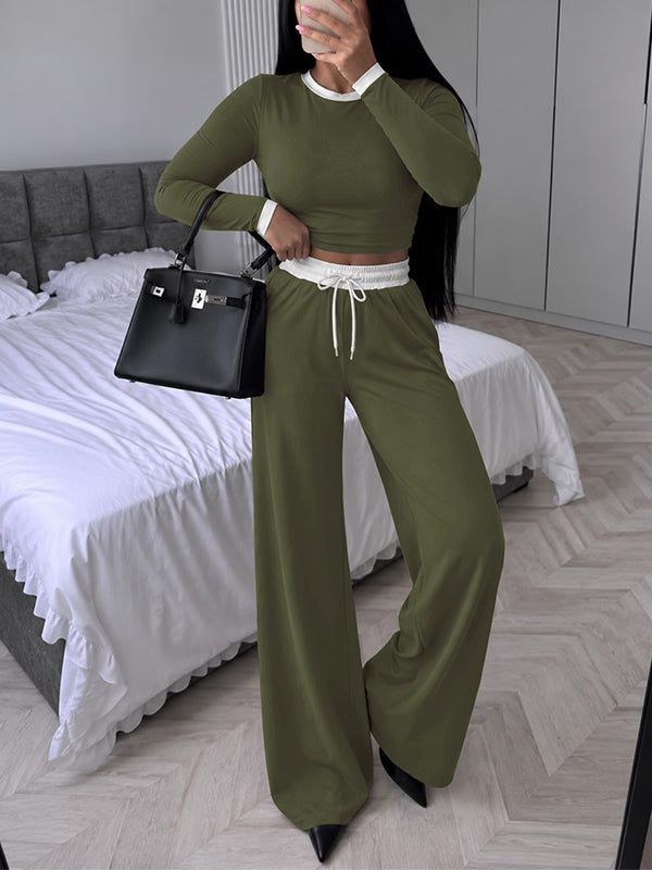 Color-Block Cropped Top & Drawstring Pants Set