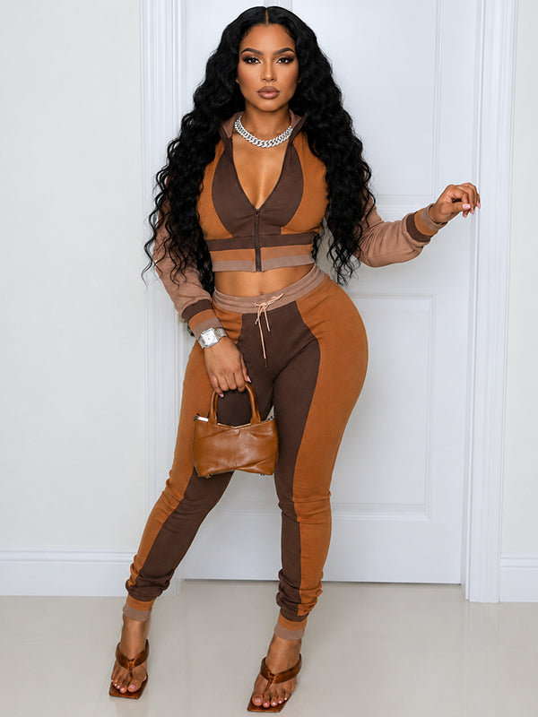 Colorblock Top & Drawstring Pants Set