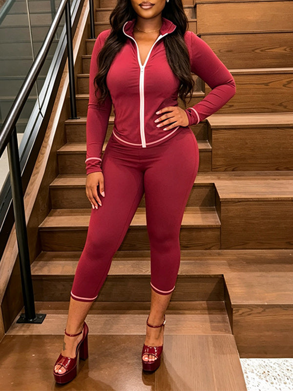 Solid Collared Zip Top & Capri Pant Set