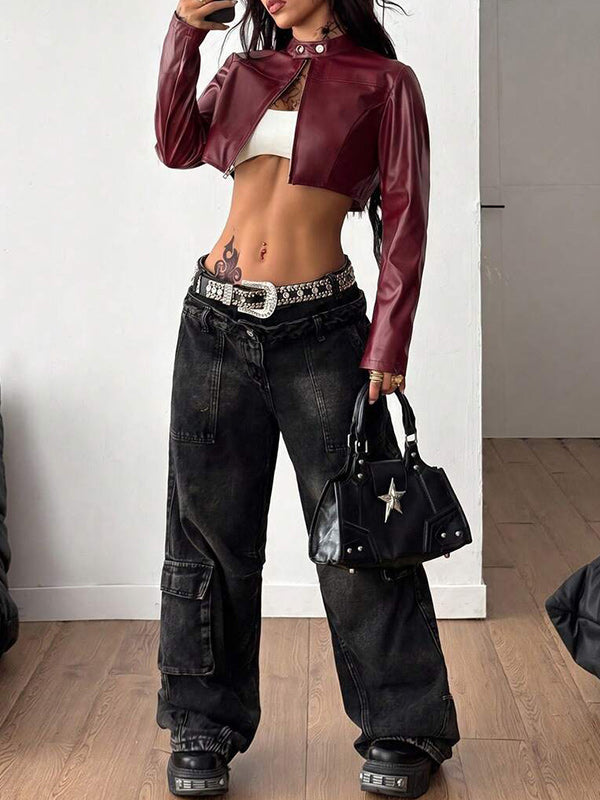 Faux-Leather Zip-Up Cropped Jacket
